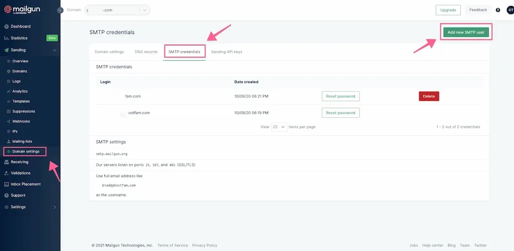 How to configure Mailgun for email sending in Ghost