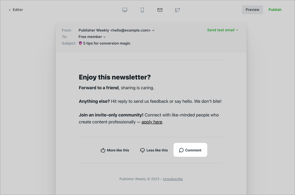 Create a comment button directly in an email