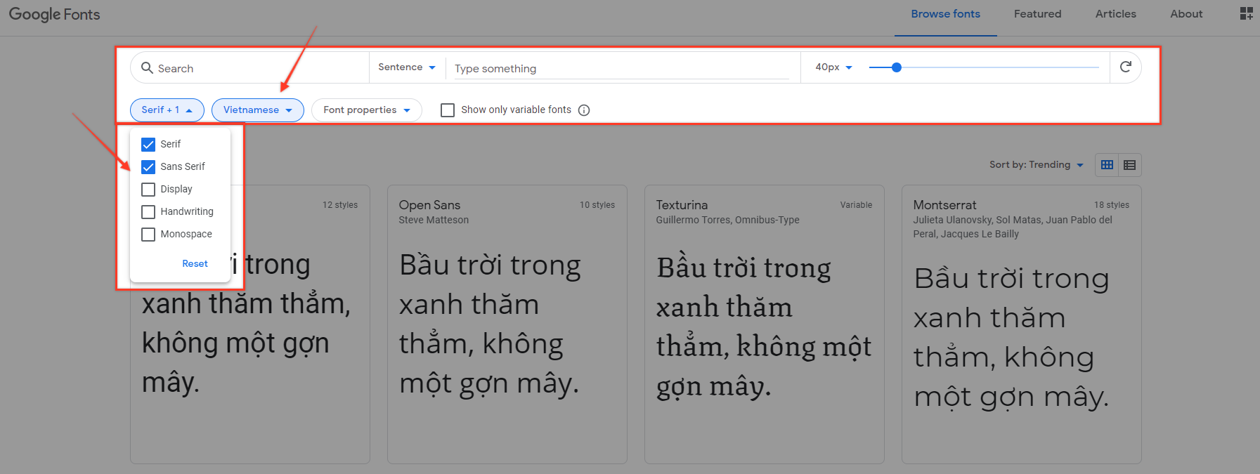 Bộ lọc Google font