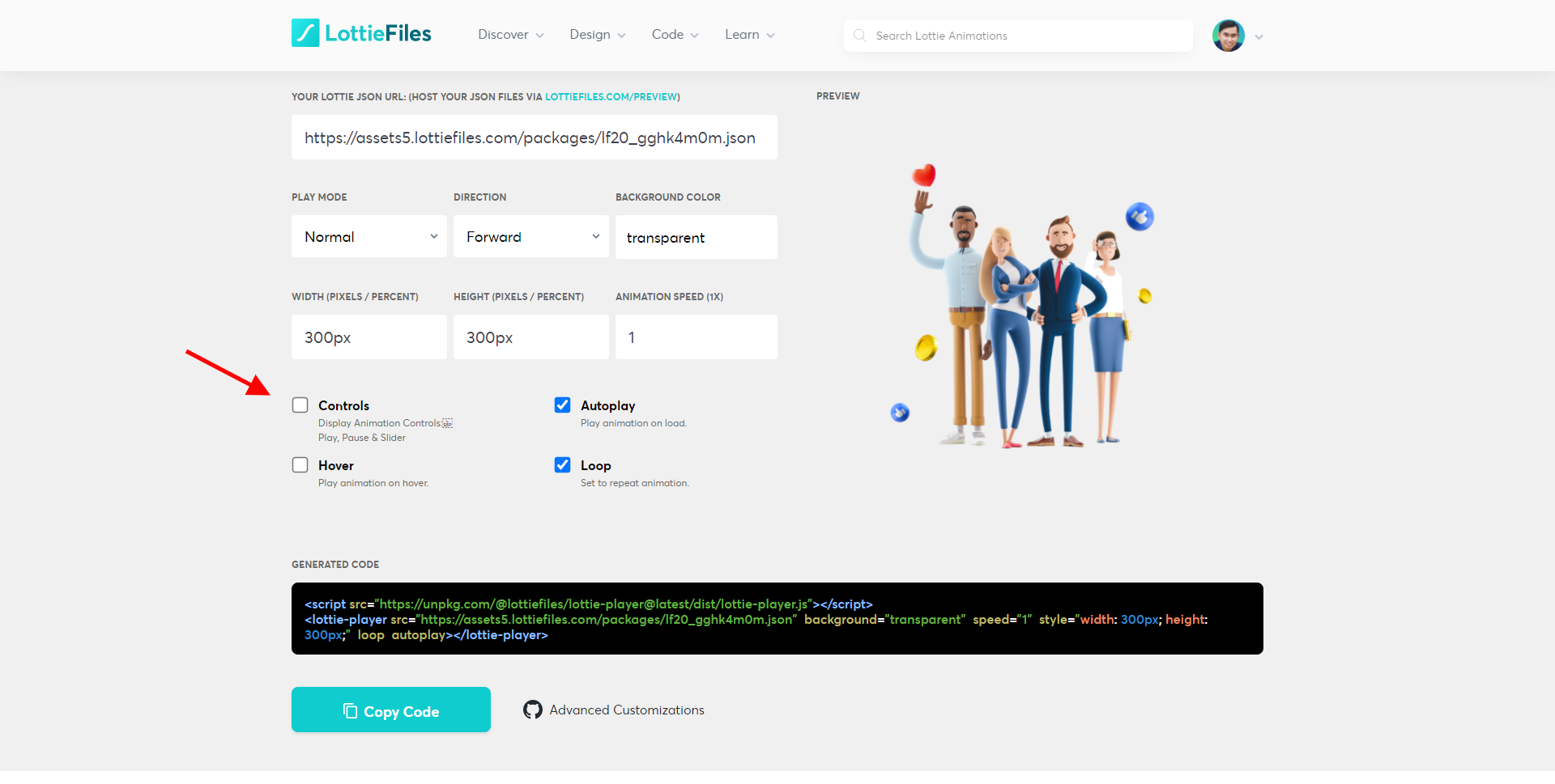 Generate Code trong LottieFiles