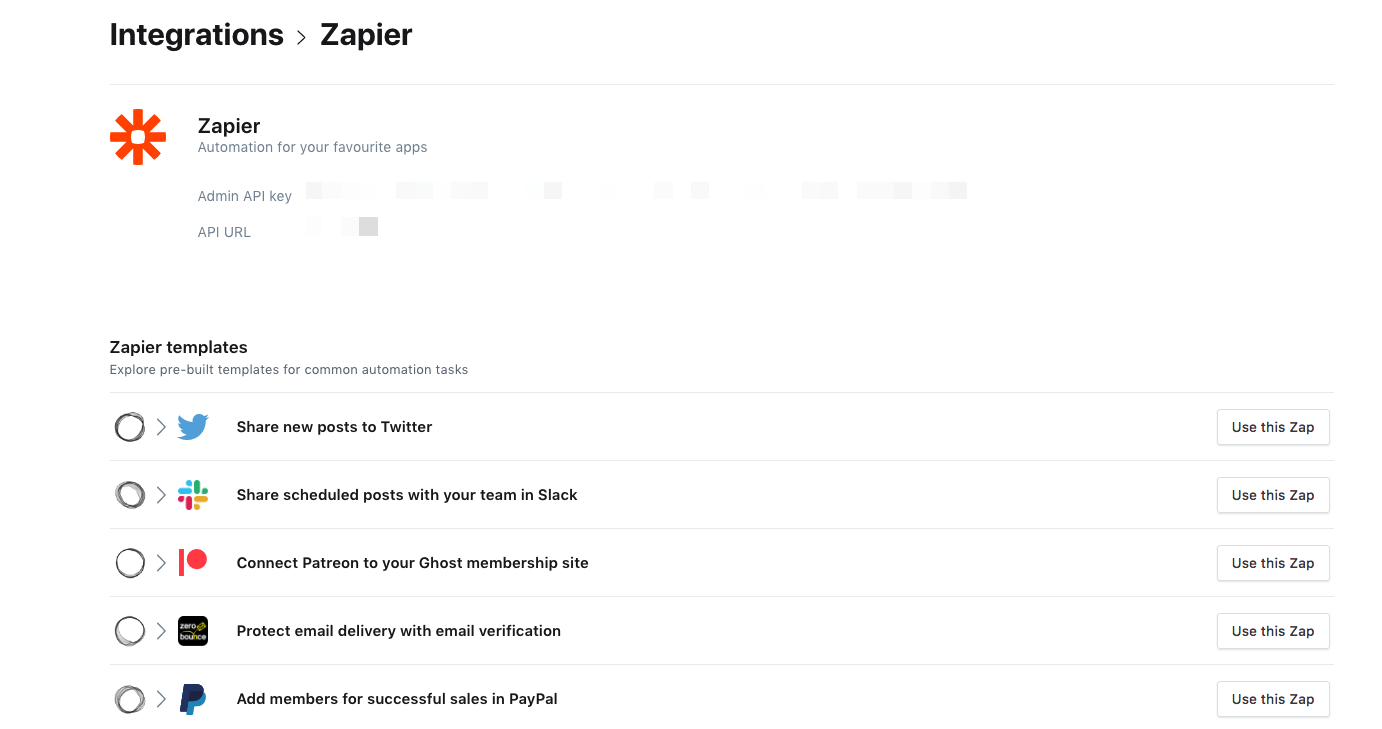 Zapier tích hợp sẵn trong Ghost