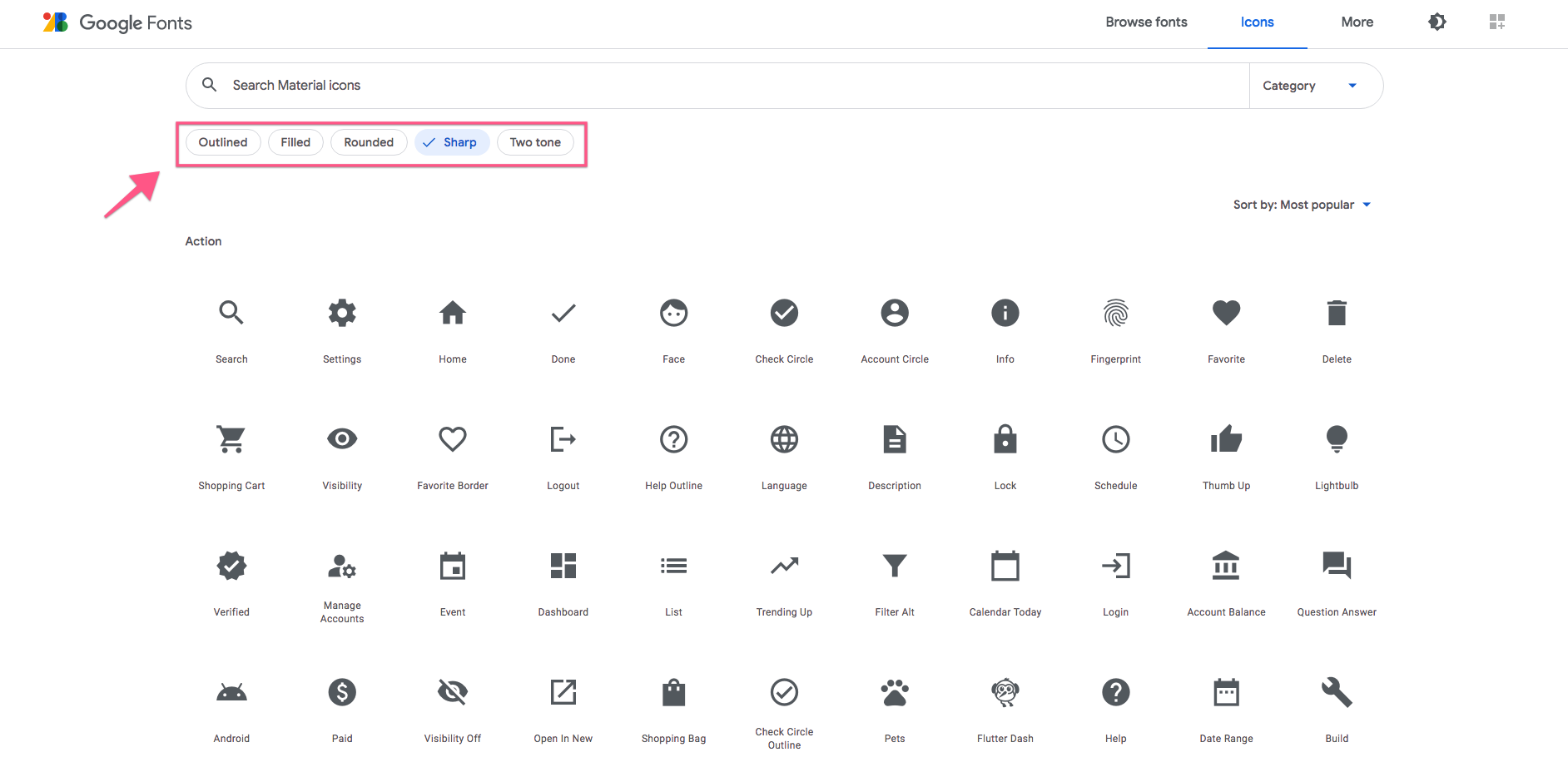 Google phân loại icons nên bạn cần 5 link trên để sử dụng