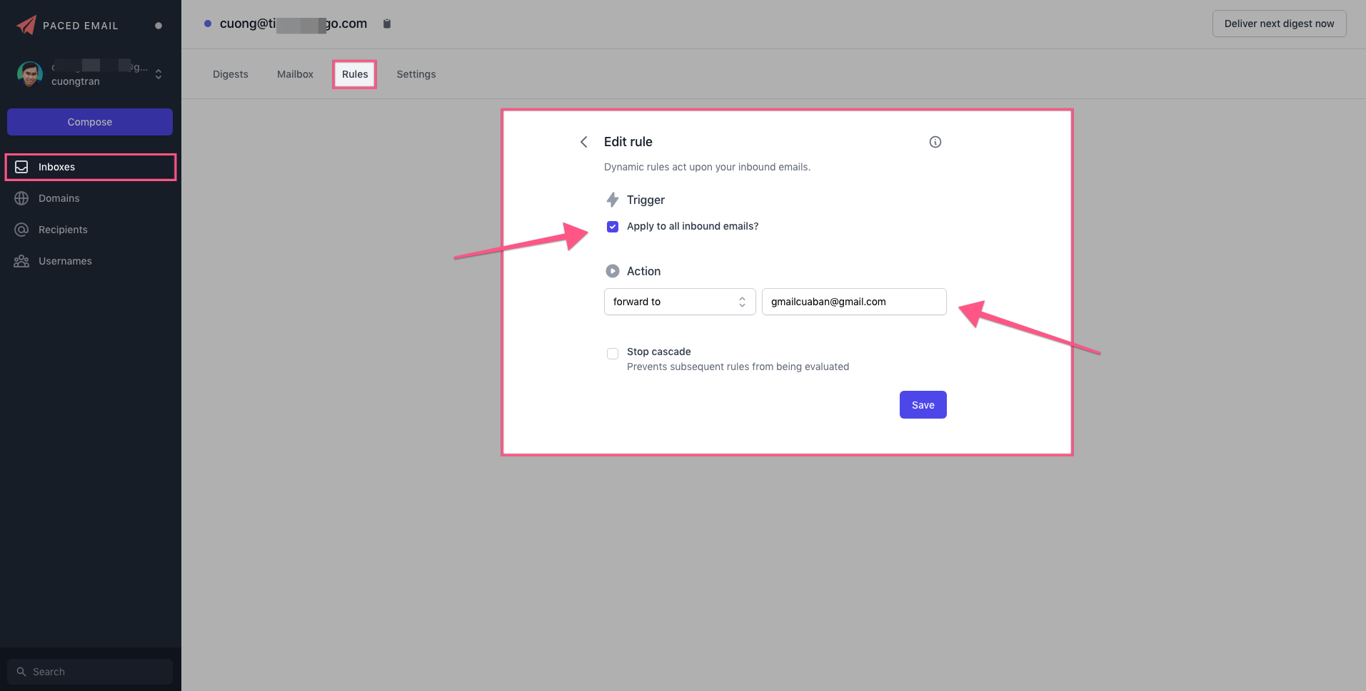 Thêm Rule để chuyển tiếp mọi email mới đến Gmail cá nhân của bạn