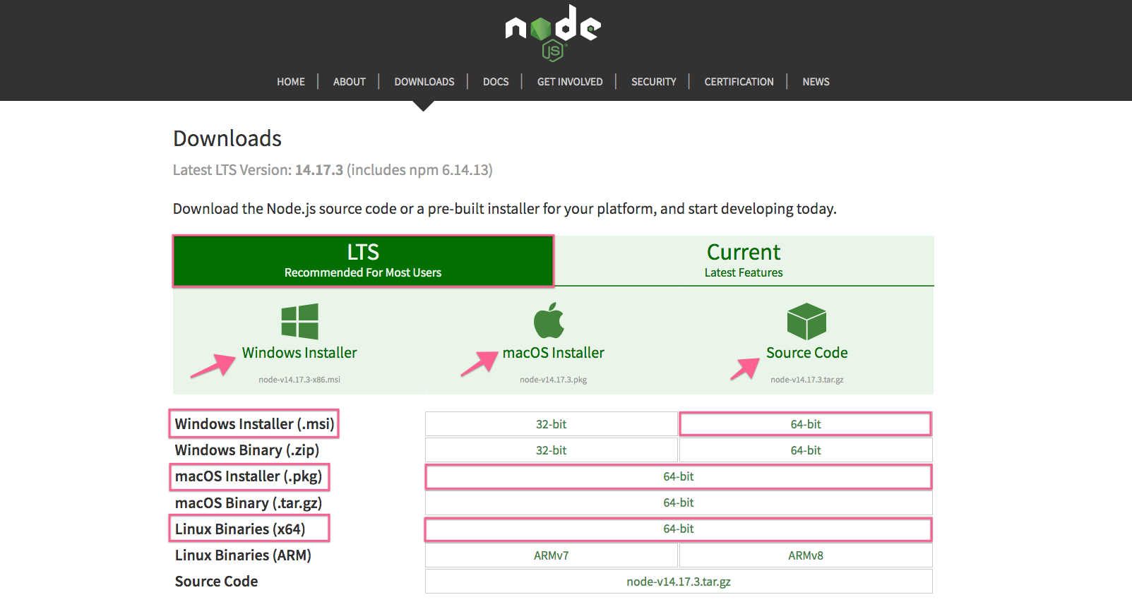 Tải và cài đặt Nodejs bản LTS phù hợp với OS của bạn