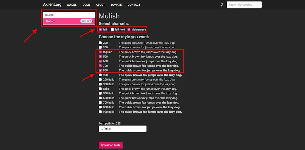 Ví dụ: Tải font Mulish của Google