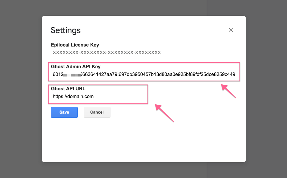 Thêm thông tin Ghost API Key và URL site của bạn